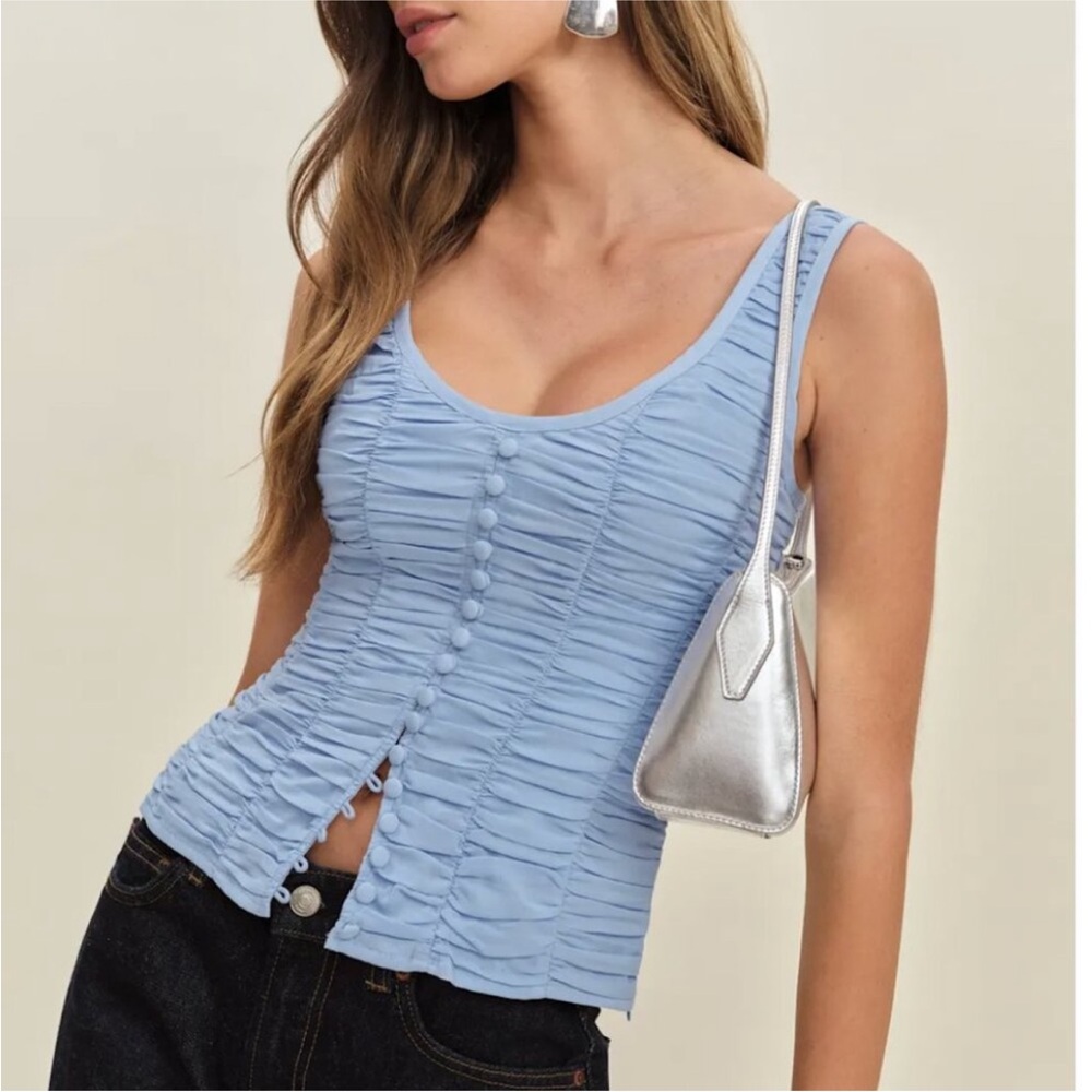 Reformation Light Blue Ruched Button Tank - Picture 3 of 4